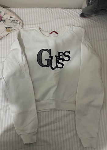 Guess Ekru Bisiklet Yaka Crop Sweatshirt