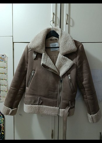 Kürklü Bej Süet Kadın Kış Ceketi - Görsel 4