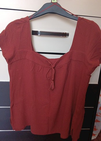 Kahverengi V Yakalı Viskoz Kadın Bluz - Görsel 5