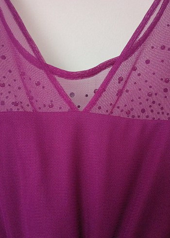 Mor V Yakalı Drapeli Midi Abiye Elbise - Görsel 5