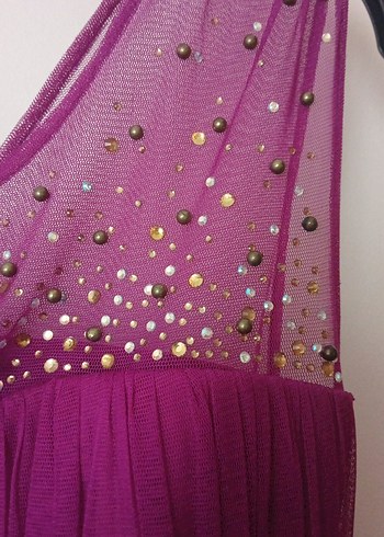 Mor V Yakalı Drapeli Midi Abiye Elbise - Görsel 6