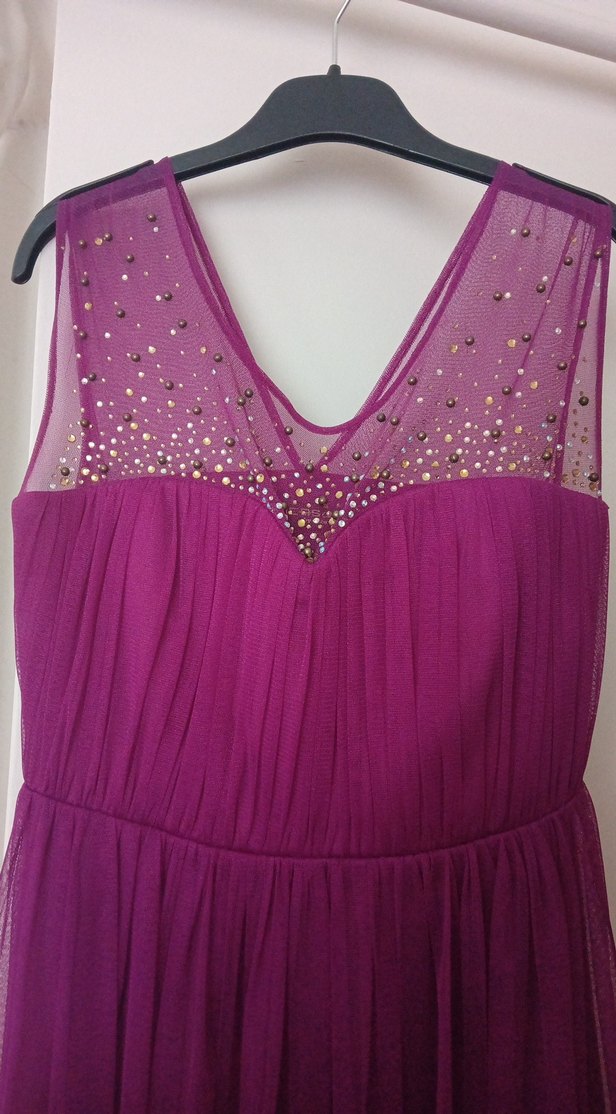 Mor V Yakalı Drapeli Midi Abiye Elbise - Görsel 2