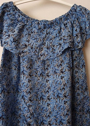 Mavi Desenli Straplez Volanlı Kadın Bluz - Görsel 5