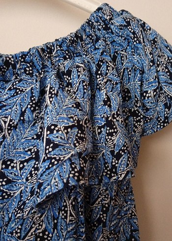 Mavi Desenli Straplez Volanlı Kadın Bluz - Görsel 6