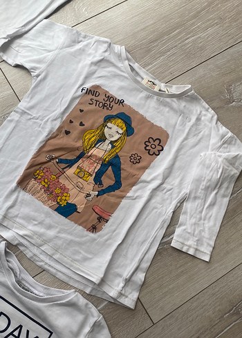 Baskılı Uzun Kollu Kız Tişörtü - Beyaz 2 adet - Görsel 6