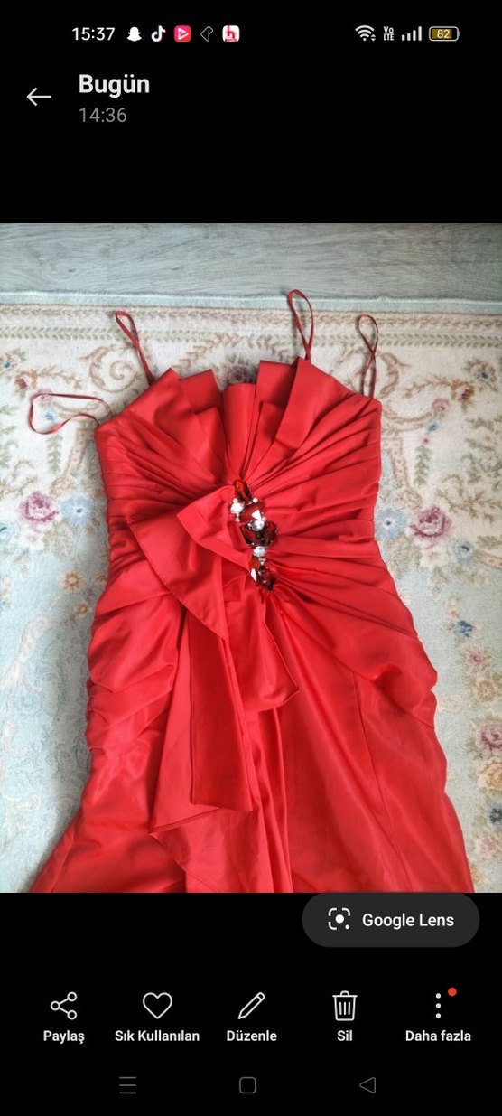 Kırmızı Drapeli Uzun Abiye Elbise - Görsel 3