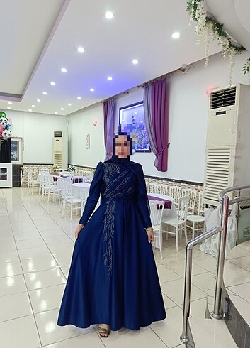 40 Beden Gece mavisi saten tesettür abiye