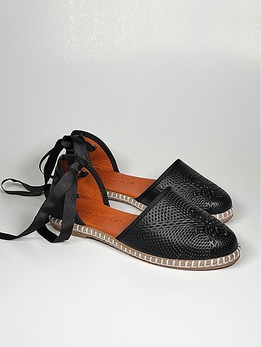 baskılı hakiki deri bilekten bağlamalı kadın espadril ayakkabı - Görsel 7