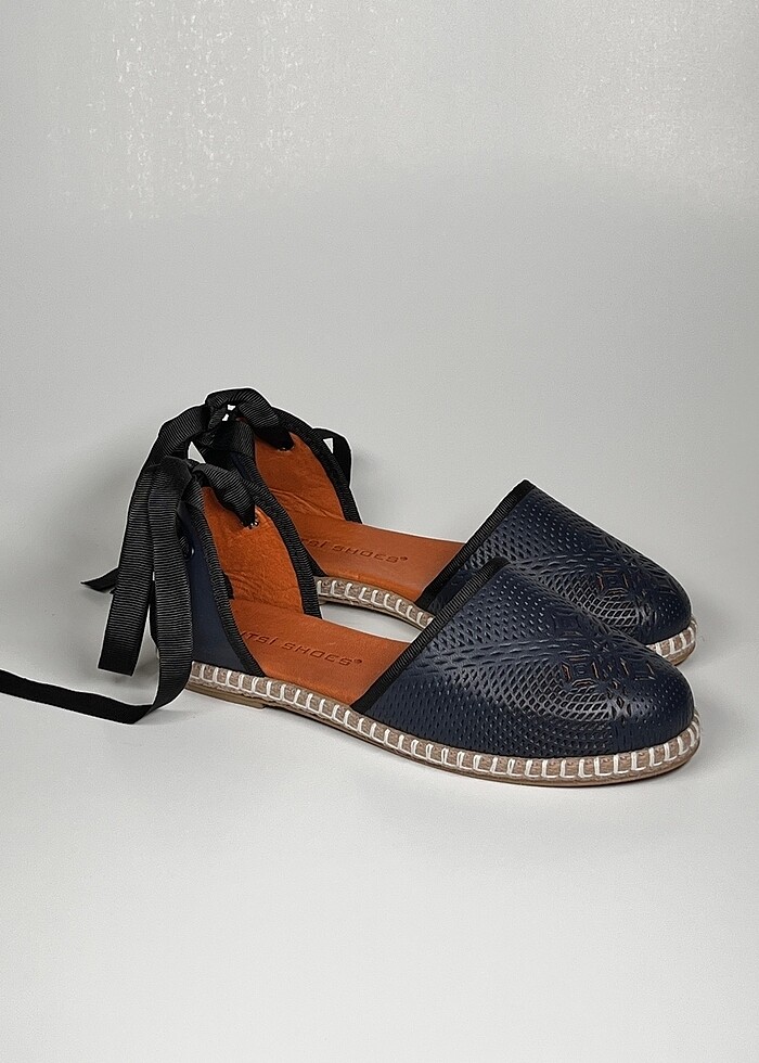 baskılı hakiki deri bilekten bağlamalı kadın espadril ayakkabı - Görsel 4