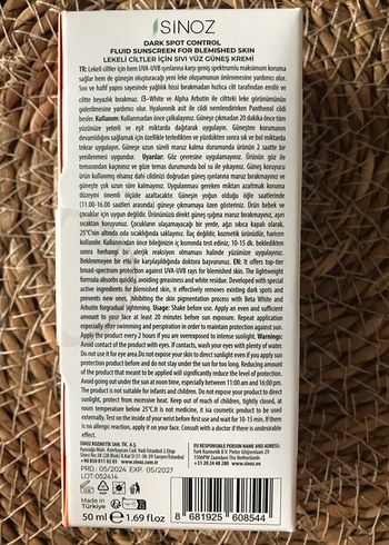 Sinoz Leke Karşıtı Sıvı Güneş Kremi SPF50 - Görsel 2
