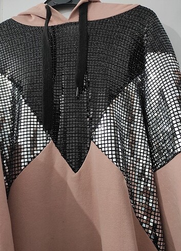 Payetli ışıltılı kapüşonlu sweat tunik 