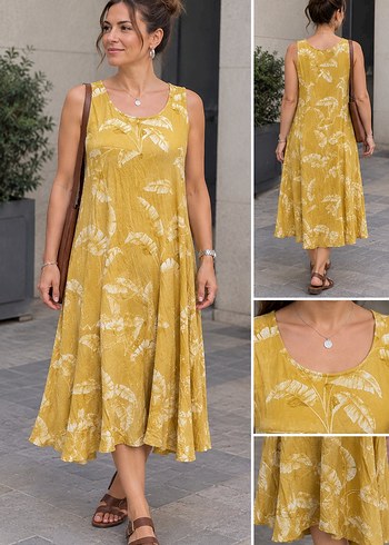 H&M Hardal Sarisi Yaprak Desenli Midi Elbise