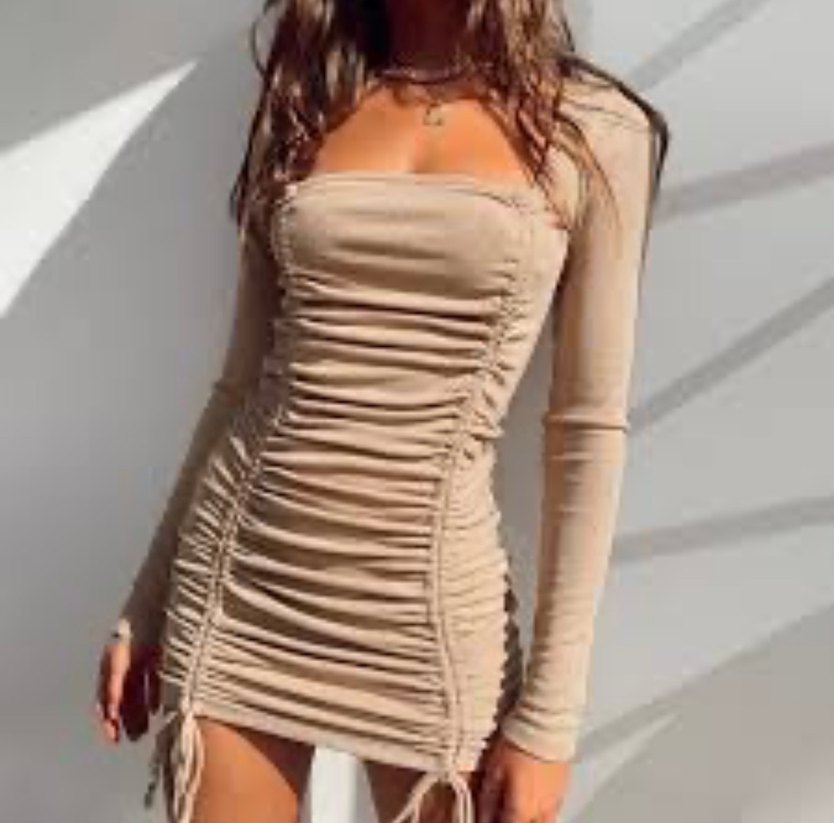 V Yaka Büzgülü Bej Triko Elbise - Görsel 4