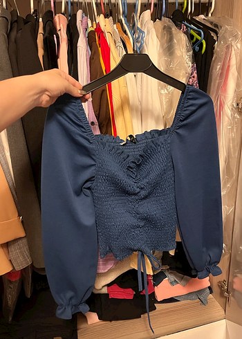 s Beden Mavi Straplez Fırfırlı Mini Bluz