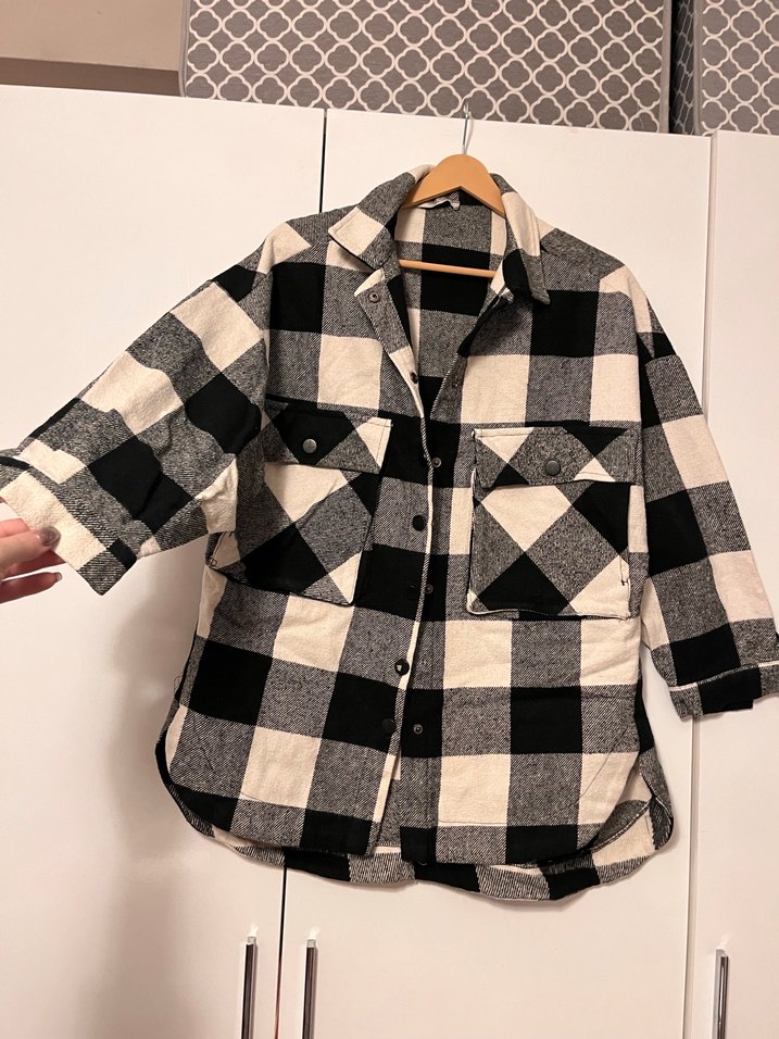 Gri Ekose Düğmeli Kadın Gömlek - Görsel 4