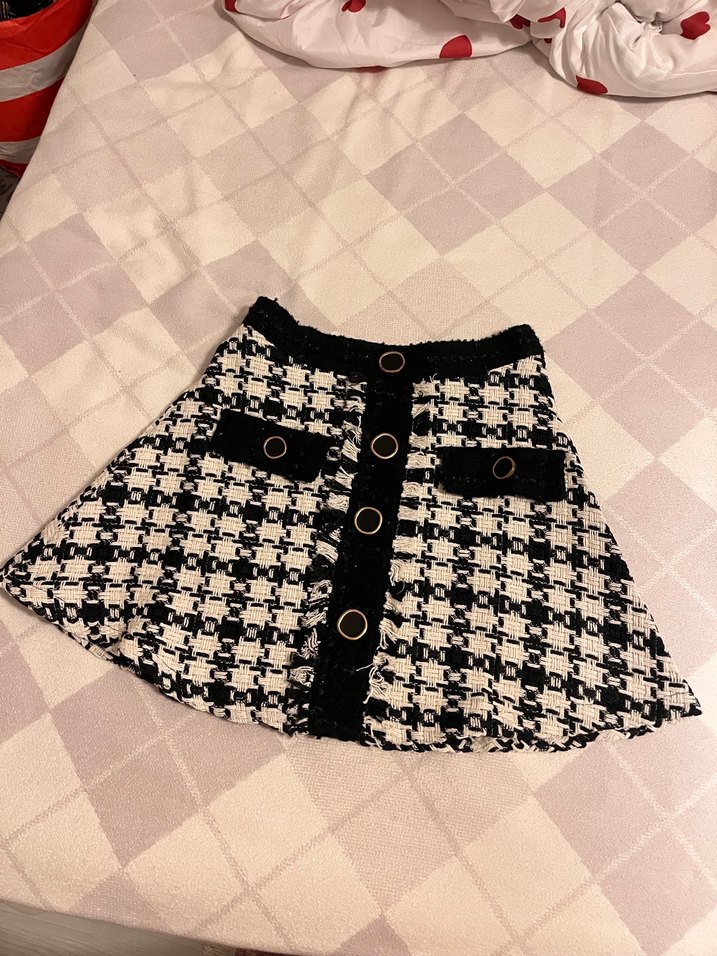 Düğmeli Siyah Beyaz mini Ekose Etek - Görsel 4