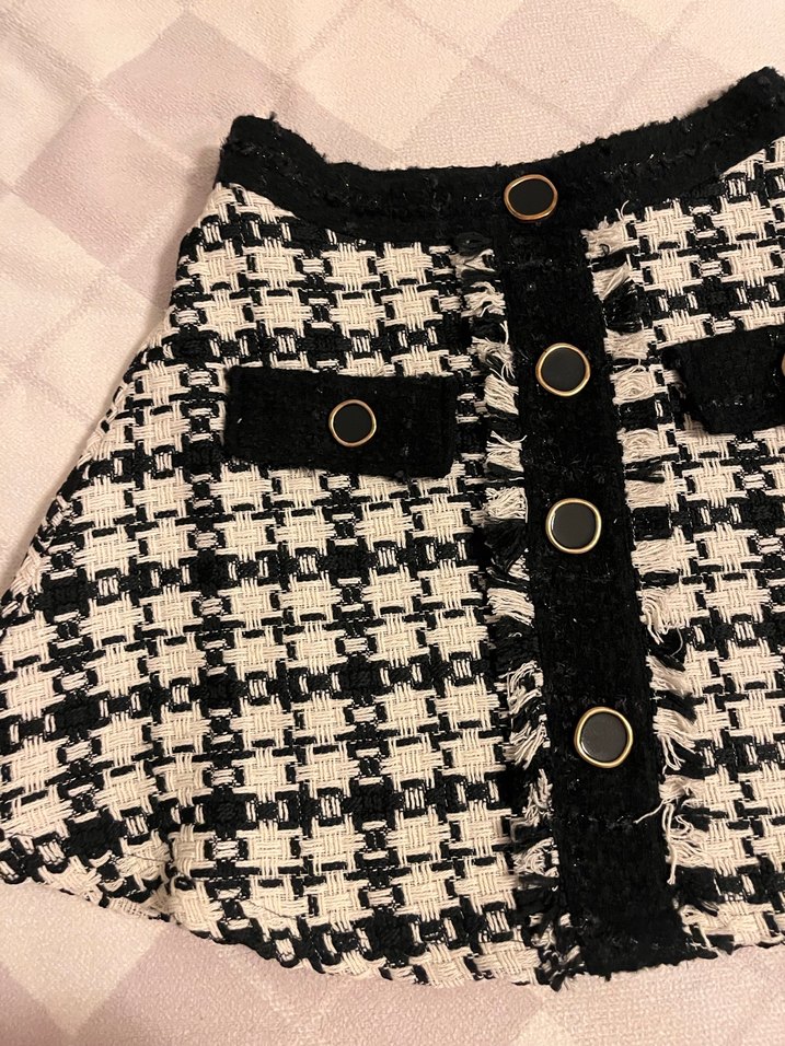 Düğmeli Siyah Beyaz mini Ekose Etek - Görsel 2