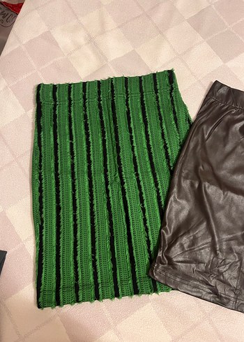 Yeşil ve Kahverengi Deri Mini Etek - Görsel 2