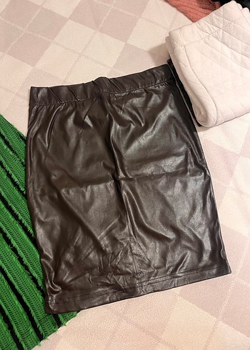 Yeşil ve Kahverengi Deri Mini Etek - Görsel 3