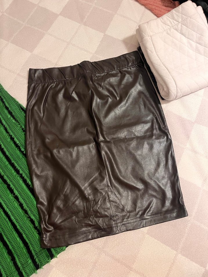 Yeşil ve Kahverengi Deri Mini Etek - Görsel 3