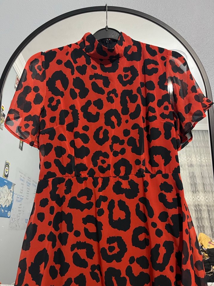 Kırmızı Leopar Desenli Kısa Kollu MiniElbise - Görsel 3