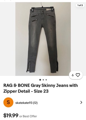 Rag & Bone Gri Skinny Kot Pantolon Fermuarli