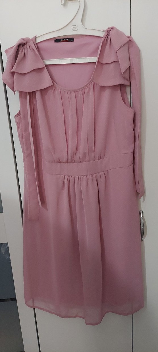 Pembe Midi Renkli Volanlı Kolsuz Elbise - Görsel 3