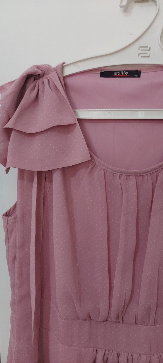 Pembe Midi Renkli Volanlı Kolsuz Elbise - Görsel 5