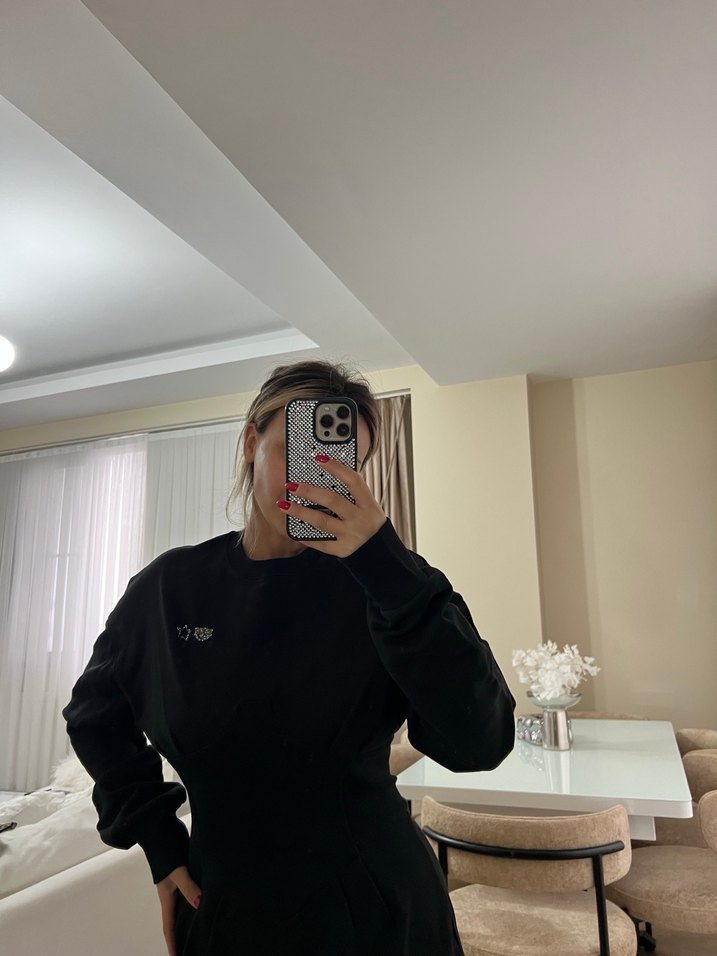 Siyah Uzun Kollu Midi Elbise - Görsel 2