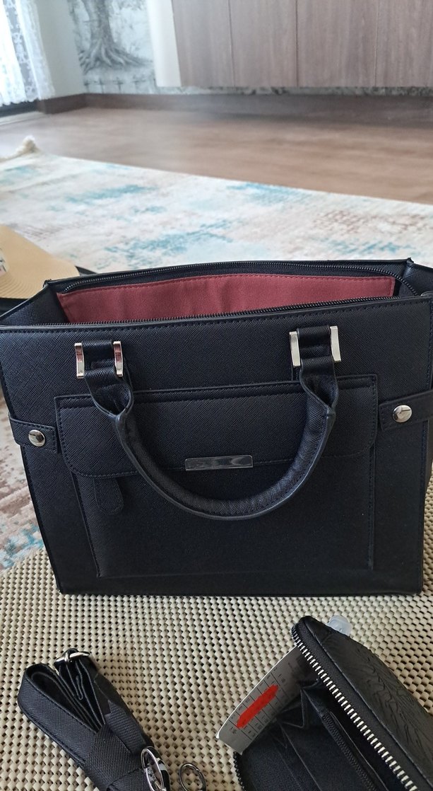 Siyah Deri Fermuarlı Kadın İş Çantası ve cüzdan - Görsel 4