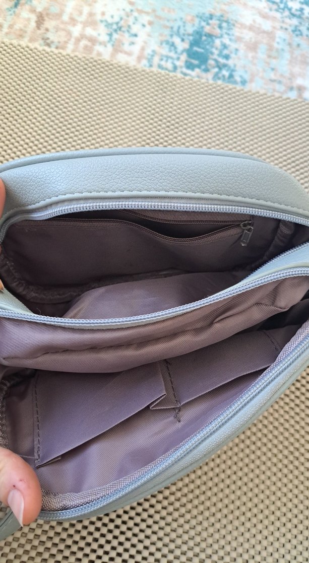 Gri Deri Kadın Çanta - Fermuarlı, Desenli - Görsel 4