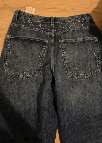 Zara Tasli Yuksek Bel Mavi Denim Jean