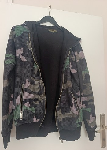 Valentino Camo Desenli Siyah Kapusonlu Fermuarli Sweatshirt