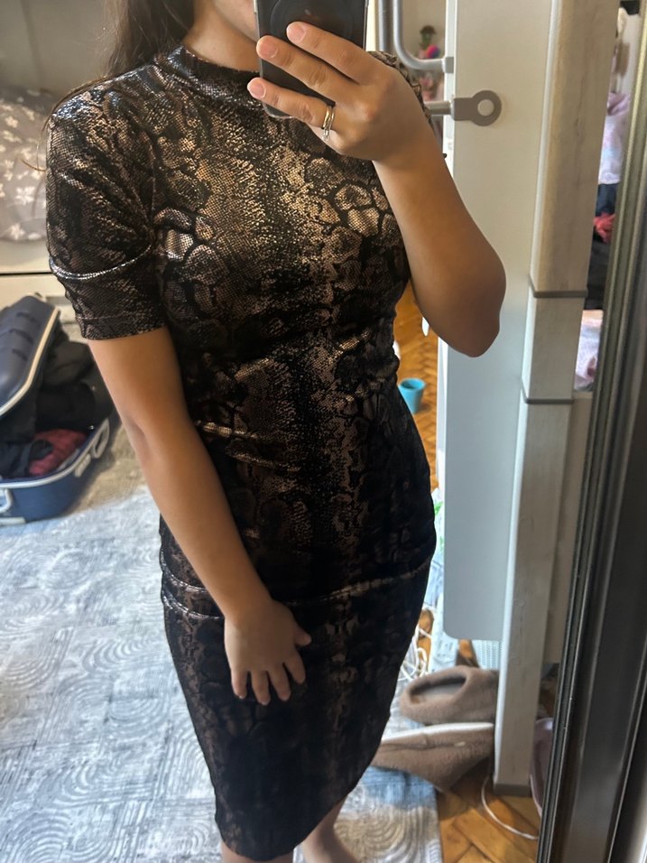 Siyah Yılan Desenli Midi Elbise - Görsel 2