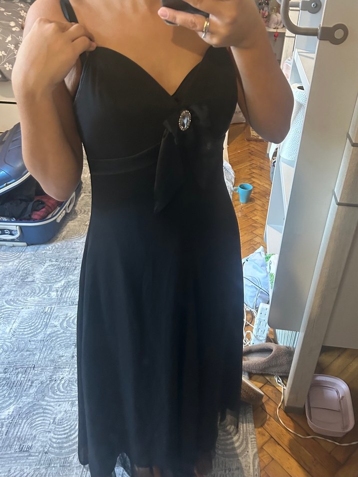 Siyah V Yakalı İnce Askılı uzun Elbise - Görsel 3