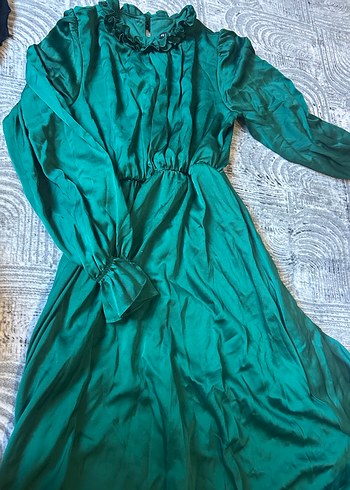 Uzun Kol, Yüksek Yakalı Turkuaz Elbise - Görsel 2