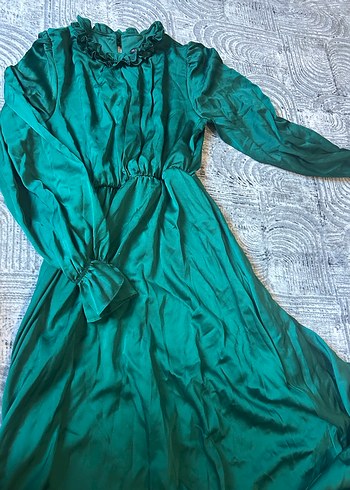 Uzun Kol, Yüksek Yakalı Turkuaz Elbise - Görsel 3