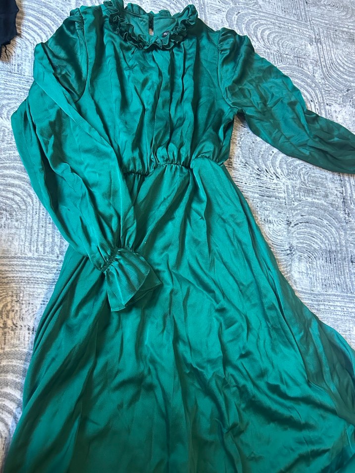 Uzun Kol, Yüksek Yakalı Turkuaz Elbise - Görsel 2