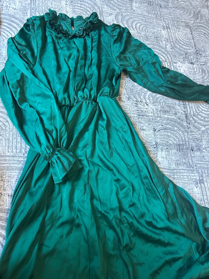 Uzun Kol, Yüksek Yakalı Turkuaz Elbise - Görsel 3