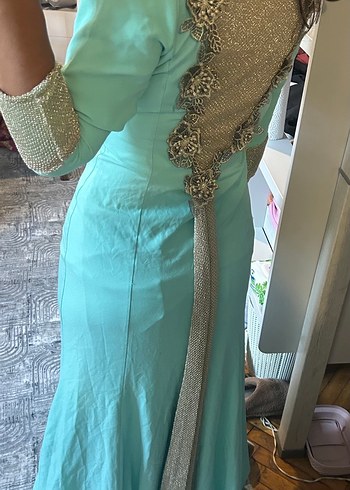 Uzun Turkuaz Boncuk İşlemeli Bohem Kadın Elbise - Görsel 2