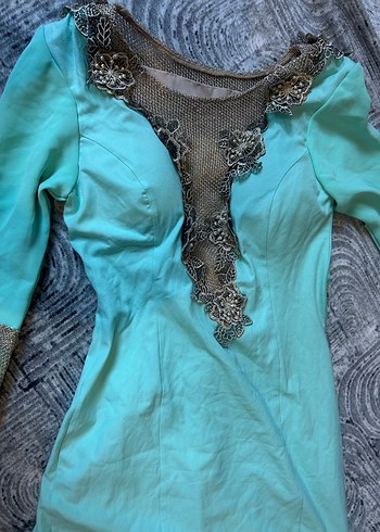 Uzun Turkuaz Boncuk İşlemeli Bohem Kadın Elbise - Görsel 4