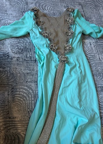 Uzun Turkuaz Boncuk İşlemeli Bohem Kadın Elbise - Görsel 3