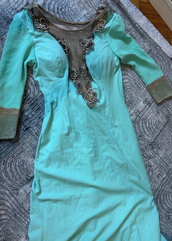 Uzun Turkuaz Boncuk İşlemeli Bohem Kadın Elbise - Görsel 5