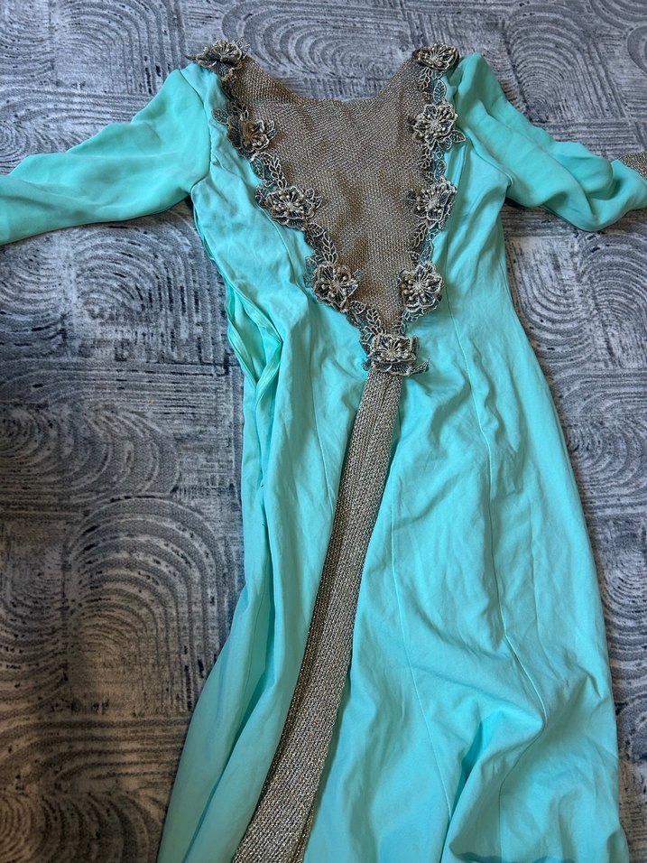 Uzun Turkuaz Boncuk İşlemeli Bohem Kadın Elbise - Görsel 3