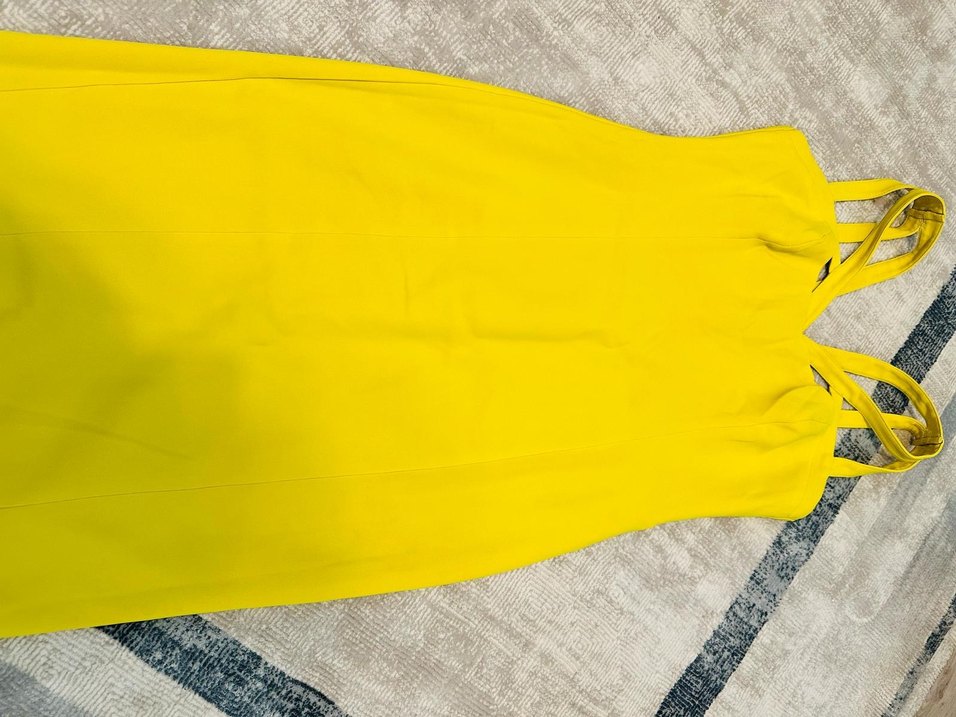 Sarı V Yaka Midi Kalem Elbise - Görsel 5