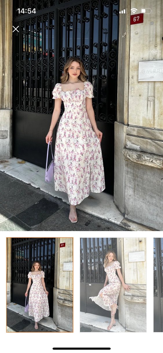 Beyaz Çiçekli V Yaka Midi Bohem Elbise - Görsel 3