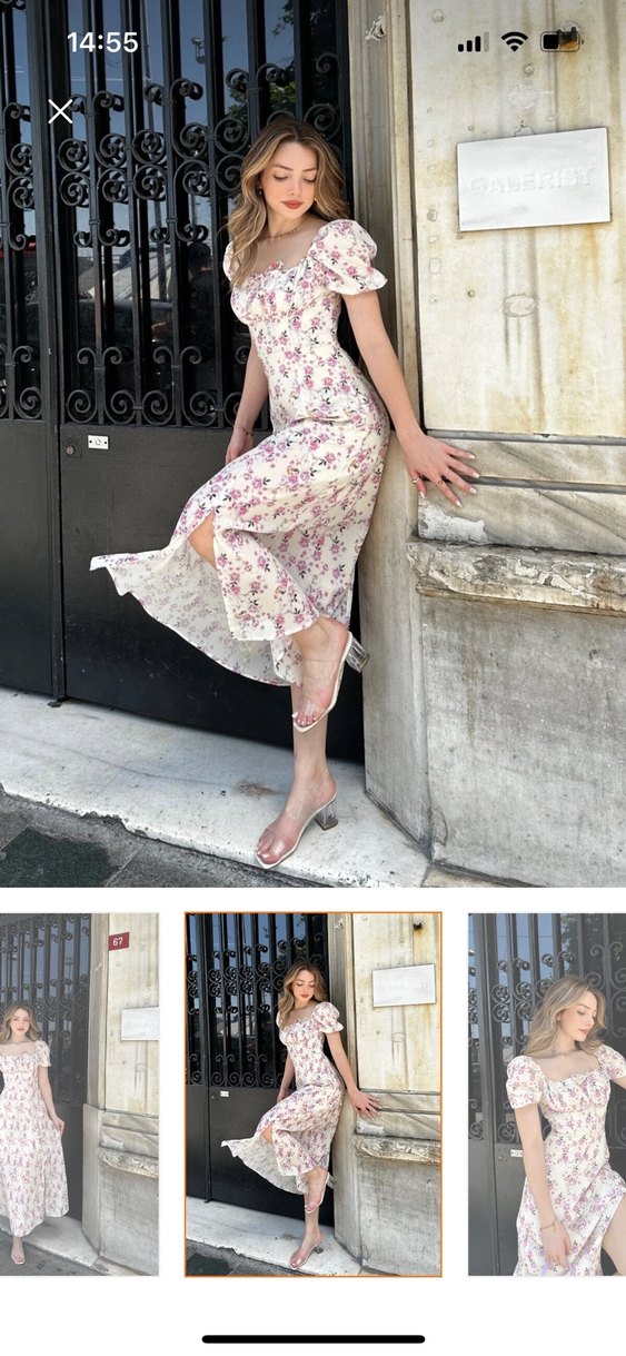 Beyaz Çiçekli V Yaka Midi Bohem Elbise - Görsel 2