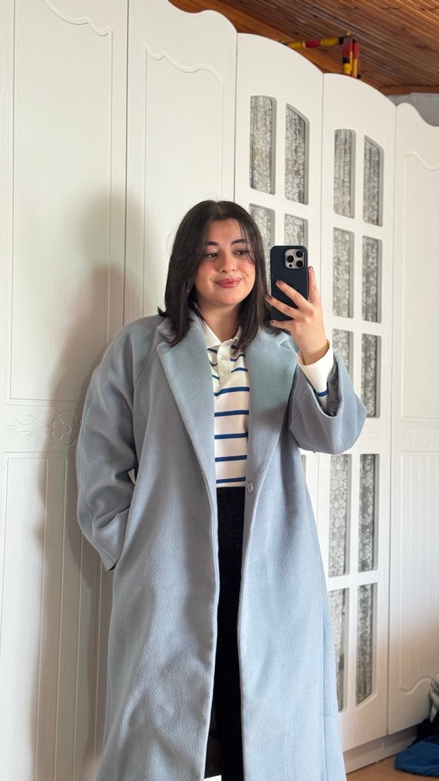 Manuka mavi Midi Kadın Kadife Kaban - Görsel 3