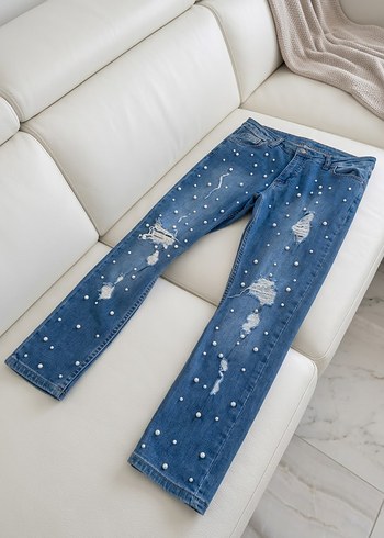 Diğer İnci Detayli Mavi Denim Jean