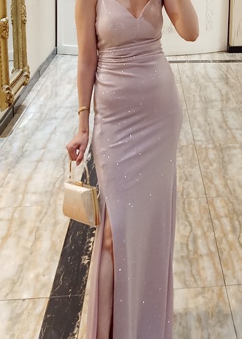 Pembe Drapeli V Yakalı Uzun Abiye Elbise - Görsel 3